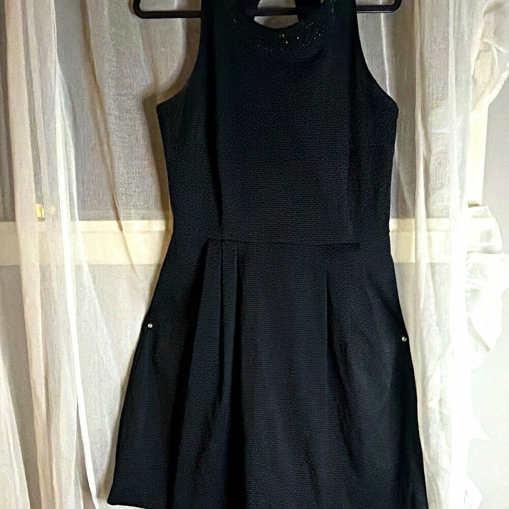 New York & Company Black Fit & Flare Scoop Neck Beaded Stretch Dress 12